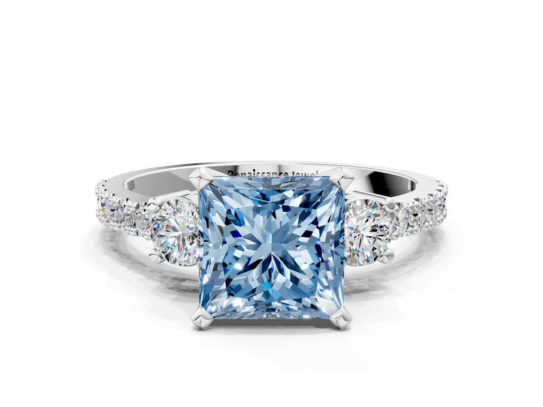White gold Fancy Blue Princess  Cut Three-Stone Diamond Pavé Band with Prong Setting_17