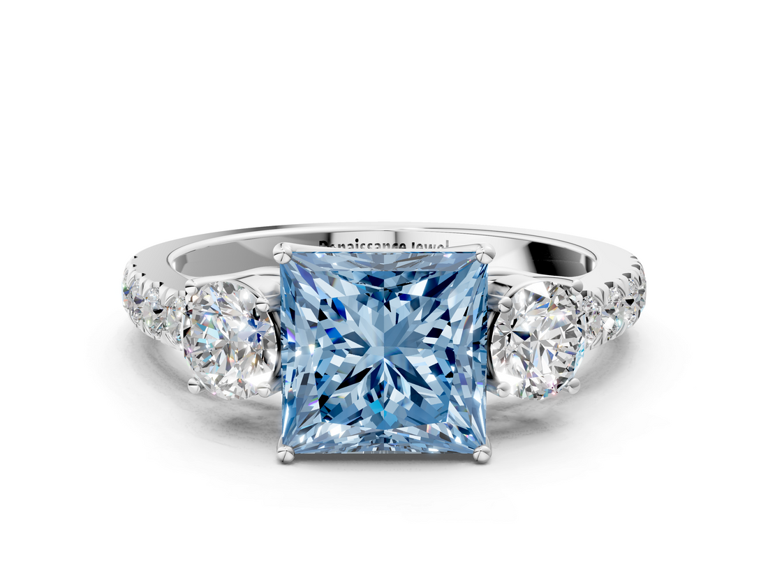 White gold Fancy Blue Princess  Cut Three-Stone Diamond Pave Band with Prong Setting_37