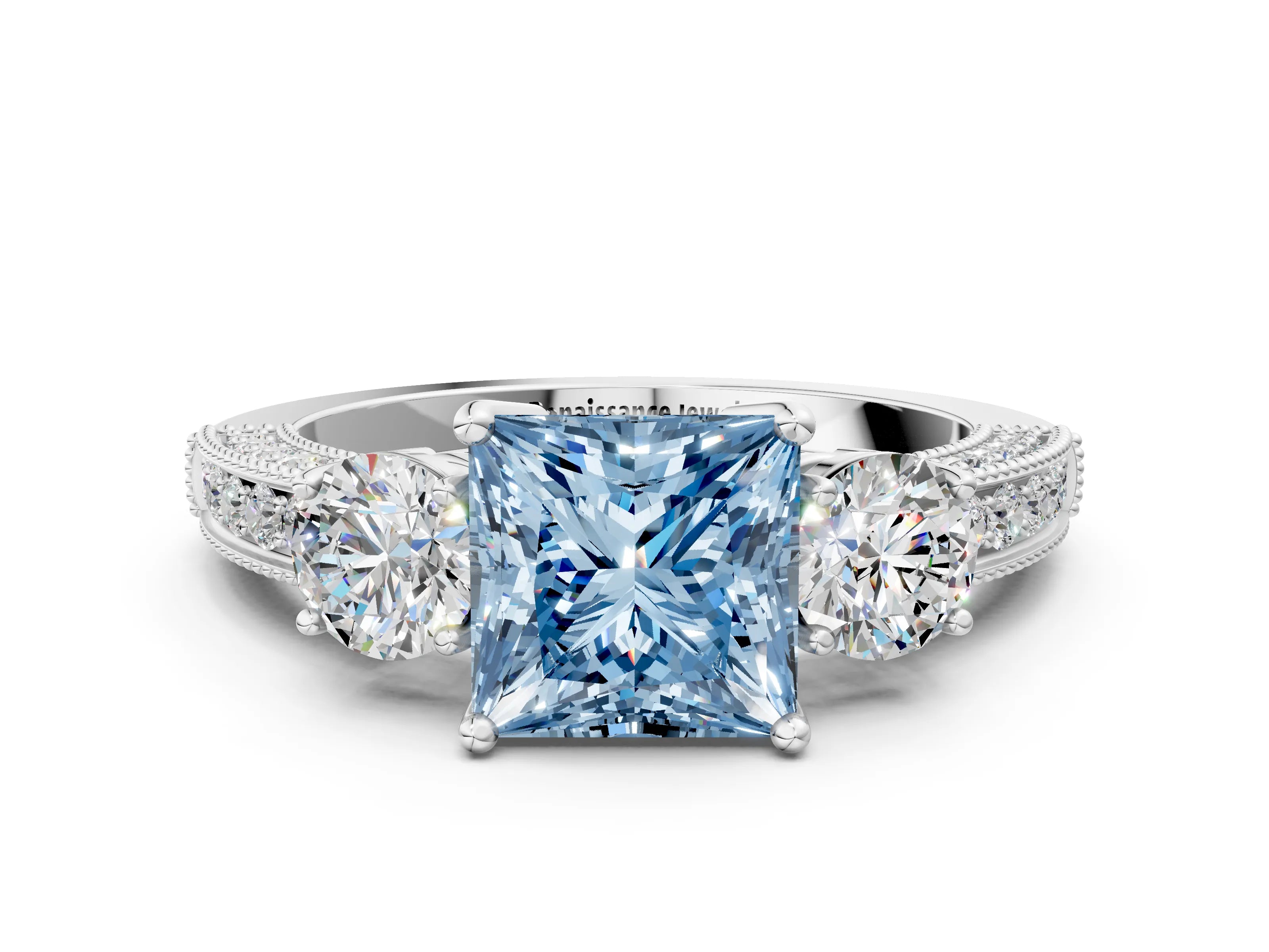 White gold Fancy Blue Princess Cut Three-Stone Diamond Ring with Pavé Band and Four-Prong Setting_12