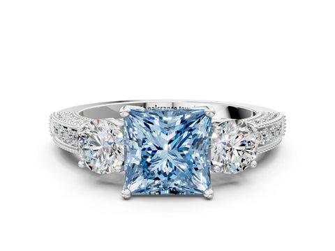 White gold Fancy Blue Princess Cut Three-Stone Diamond Ring with Pavé Band and Four-Prong Setting_12