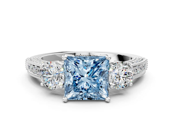 White gold Fancy Blue Princess Cut Three-Stone Diamond Ring with Pavé Band and Four-Prong Setting