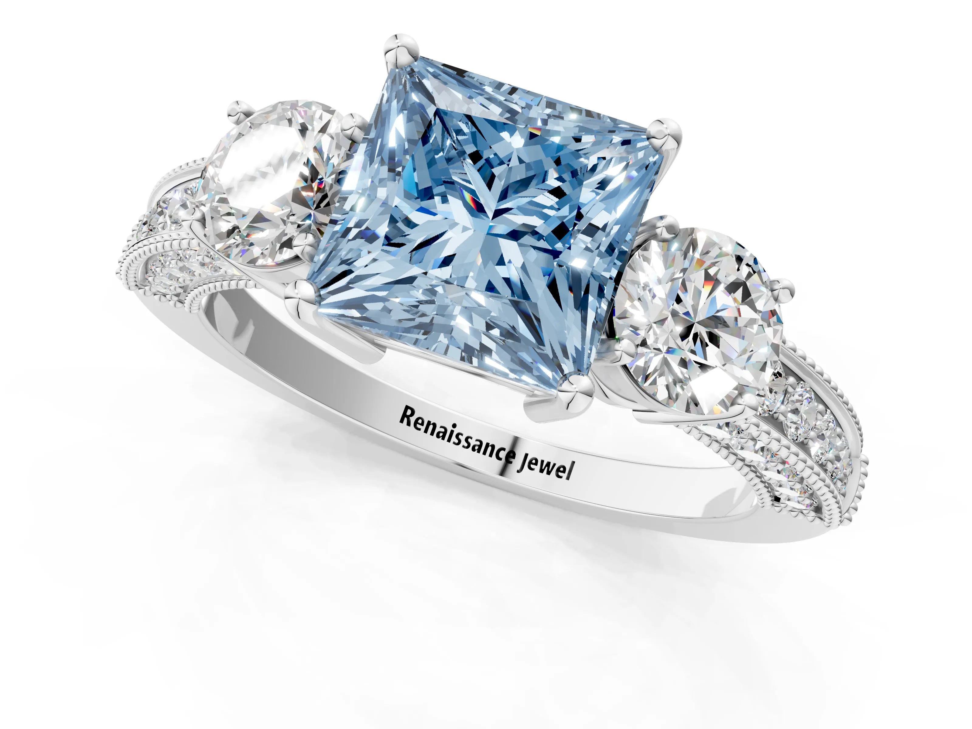 White gold Fancy Blue Princess Cut Three-Stone Diamond Ring with Pavé Band and Four-Prong Setting_13