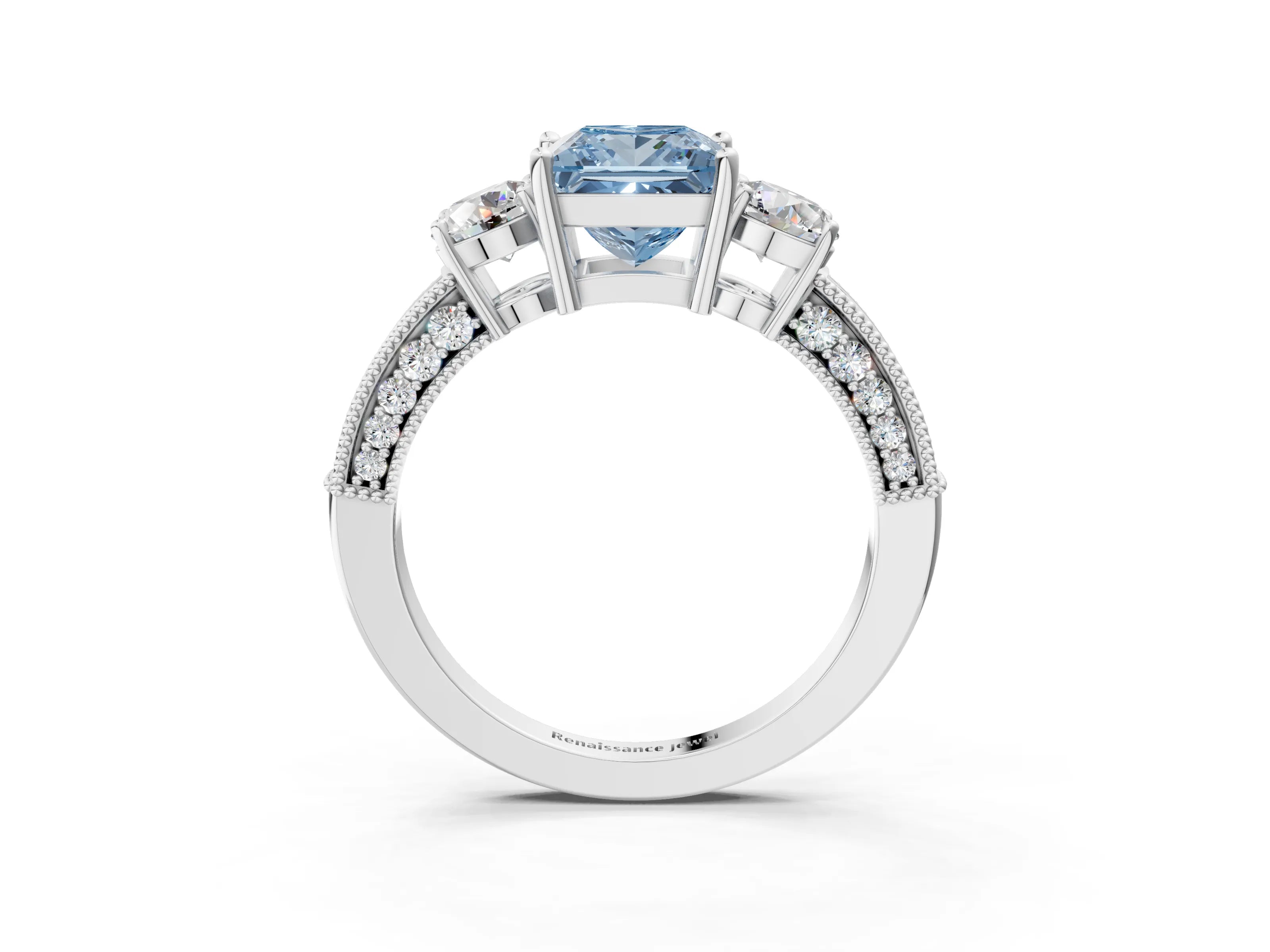 White gold Fancy Blue Princess Cut Three-Stone Diamond Ring with Pavé Band and Four-Prong Setting_15
