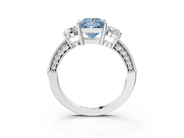 White gold Fancy Blue Princess Cut Three-Stone Diamond Ring with Pavé Band and Four-Prong Setting