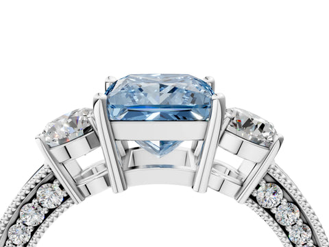 White gold Fancy Blue Princess Cut Three-Stone Diamond Ring with Pavé Band and Four-Prong Setting_16