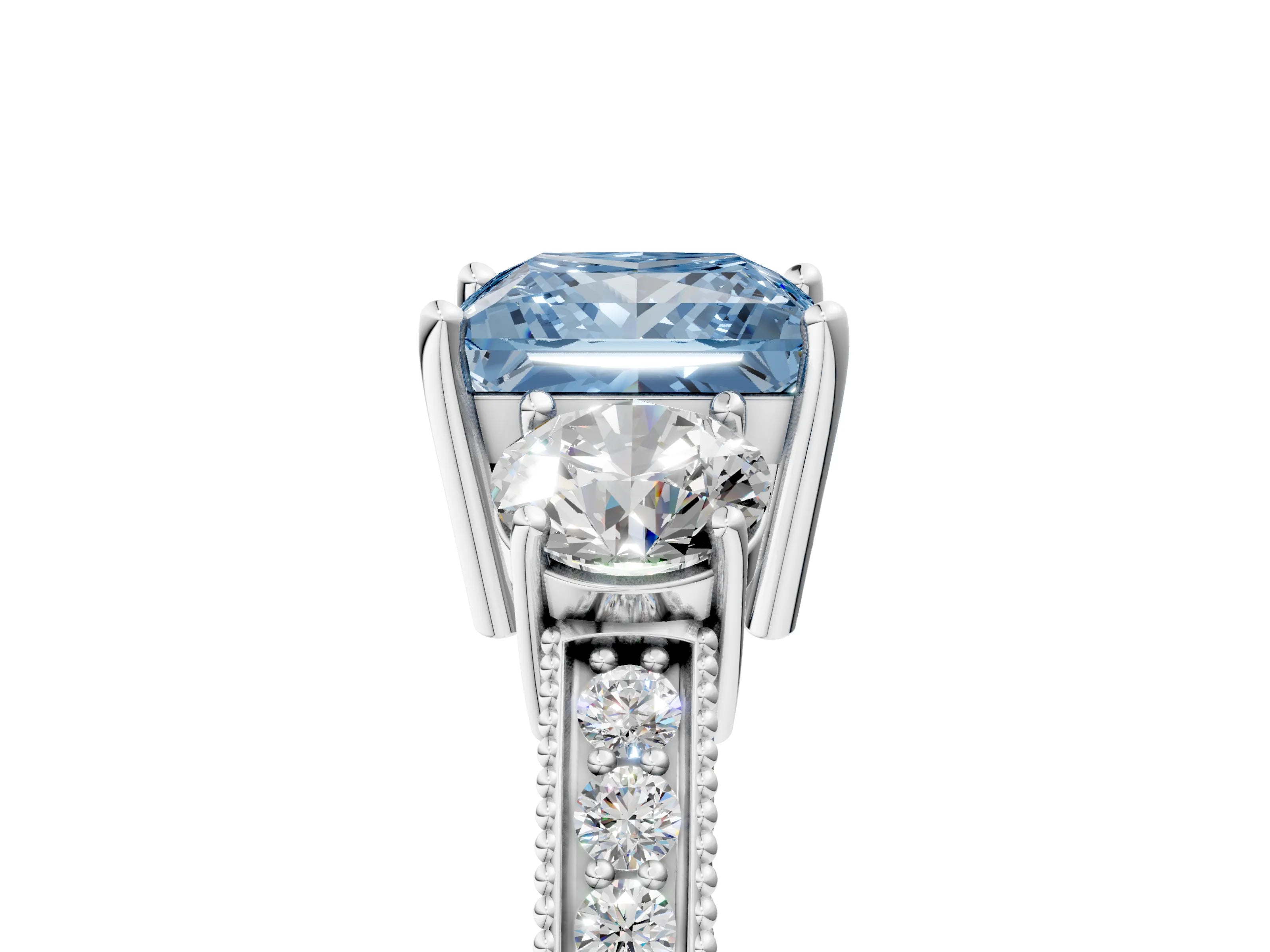 White gold Fancy Blue Princess Cut Three-Stone Diamond Ring with Pavé Band and Four-Prong Setting_17