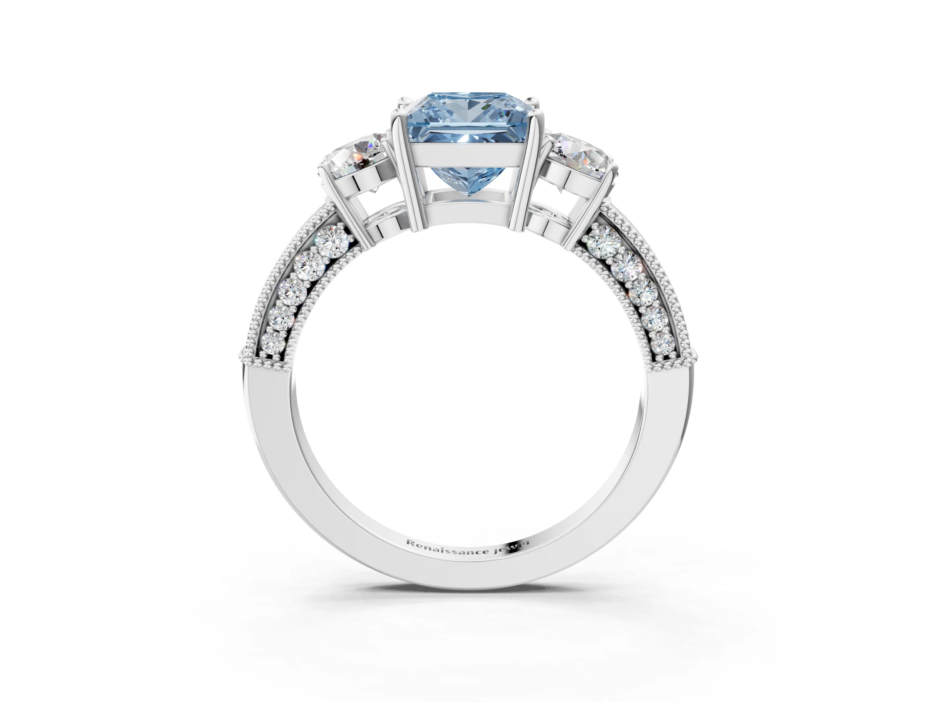 White gold Fancy Blue Princess Cut Three-Stone Diamond Ring with Pavé Band and Four-Prong Setting_3