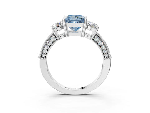 White gold Fancy Blue Princess Cut Three-Stone Diamond Ring with Pavé Band and Four-Prong Setting_3