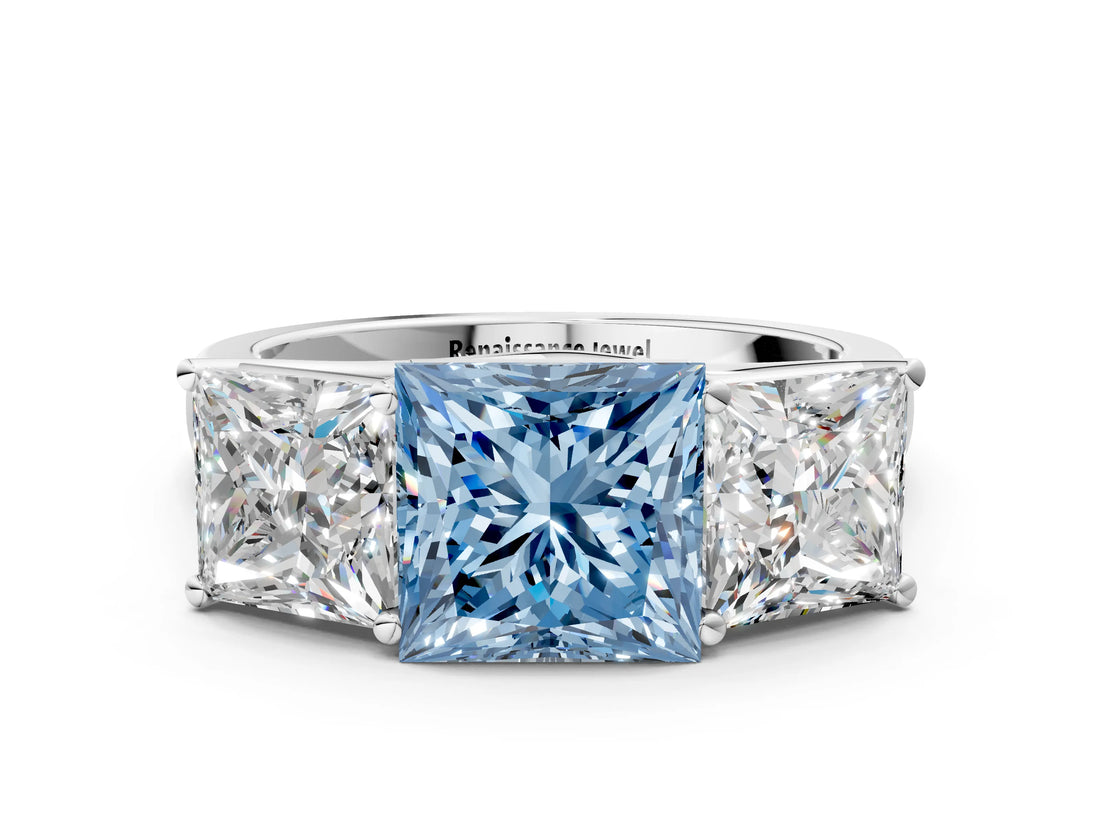White gold Fancy Blue Princess Cut Three-Stone Diamond Ring with Prong Setting on a Classic Band_12