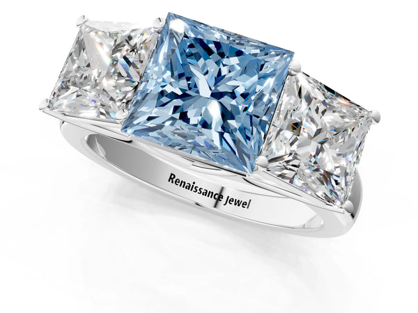 Platinum Fancy Blue Princess Cut Three-Stone Diamond Ring with Prong Setting on a Classic Band