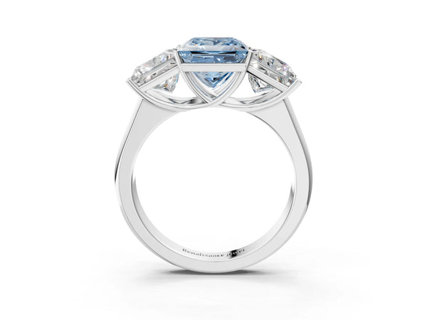 Platinum Fancy Blue Princess Cut Three-Stone Diamond Ring with Prong Setting on a Classic Band