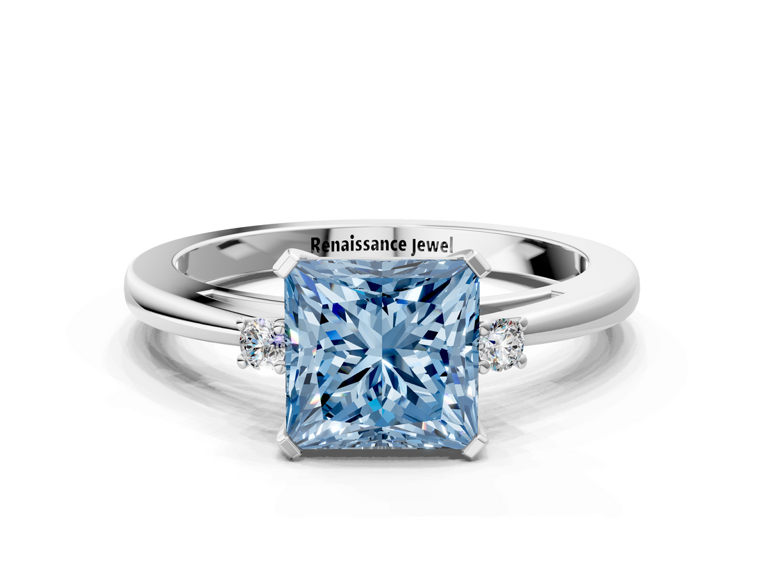 White gold Fancy Blue Princess  Cut Three-Stone Solitaire Ring with Round Accent Diamonds and Four-Prong Setting_20