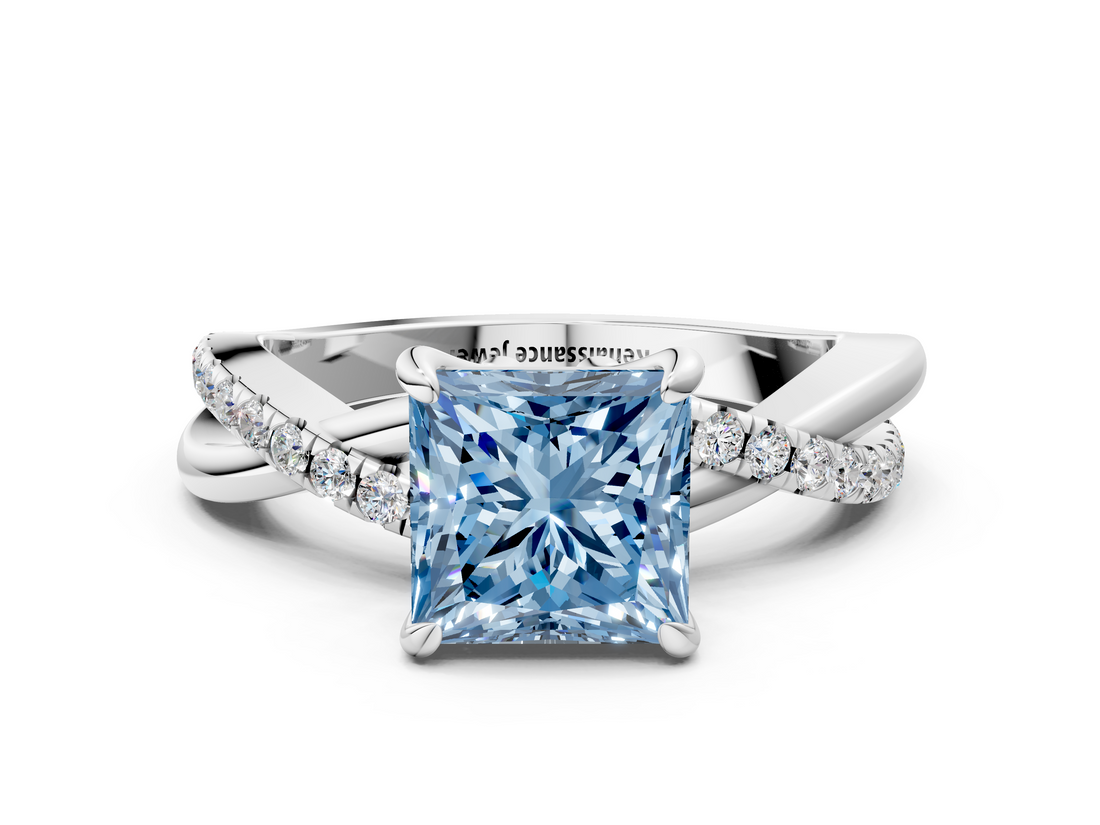 White gold Fancy Blue Princess  Cut Twist Band Solitaire Diamond Ring with Pavé Setting_3