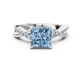 White gold Fancy Blue Princess  Cut Twist Band Solitaire Diamond Ring with Pavé Setting_3