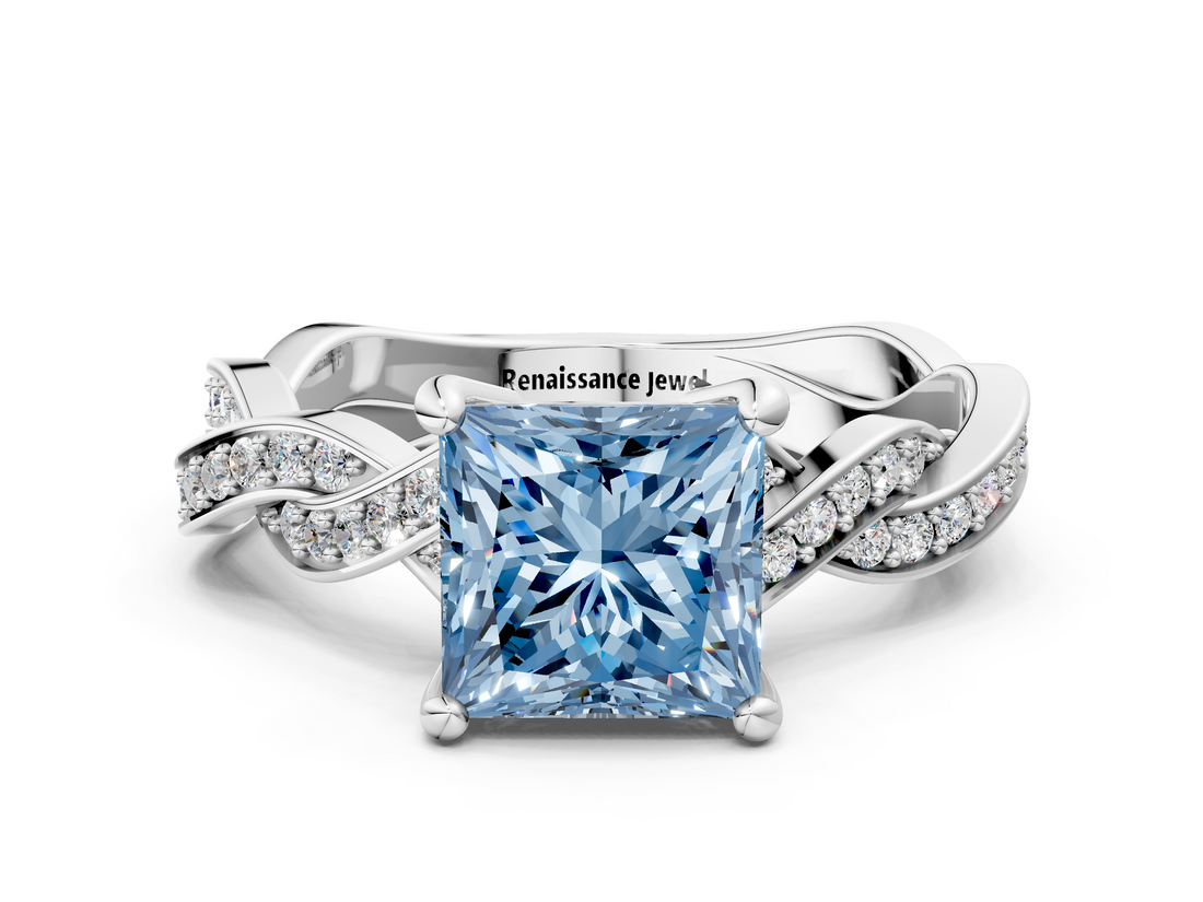 White gold Fancy Blue Princess  Cut Twisted Pavé Band Solitaire Ring with Four-Prong Setting_54