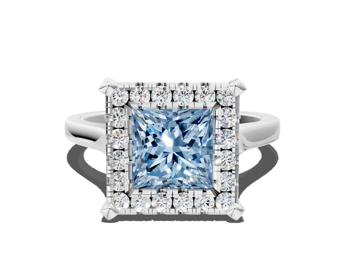 White gold Fancy Blue Princess  Diamond Cluster Halo Solitaire with Four-Prong Setting_125