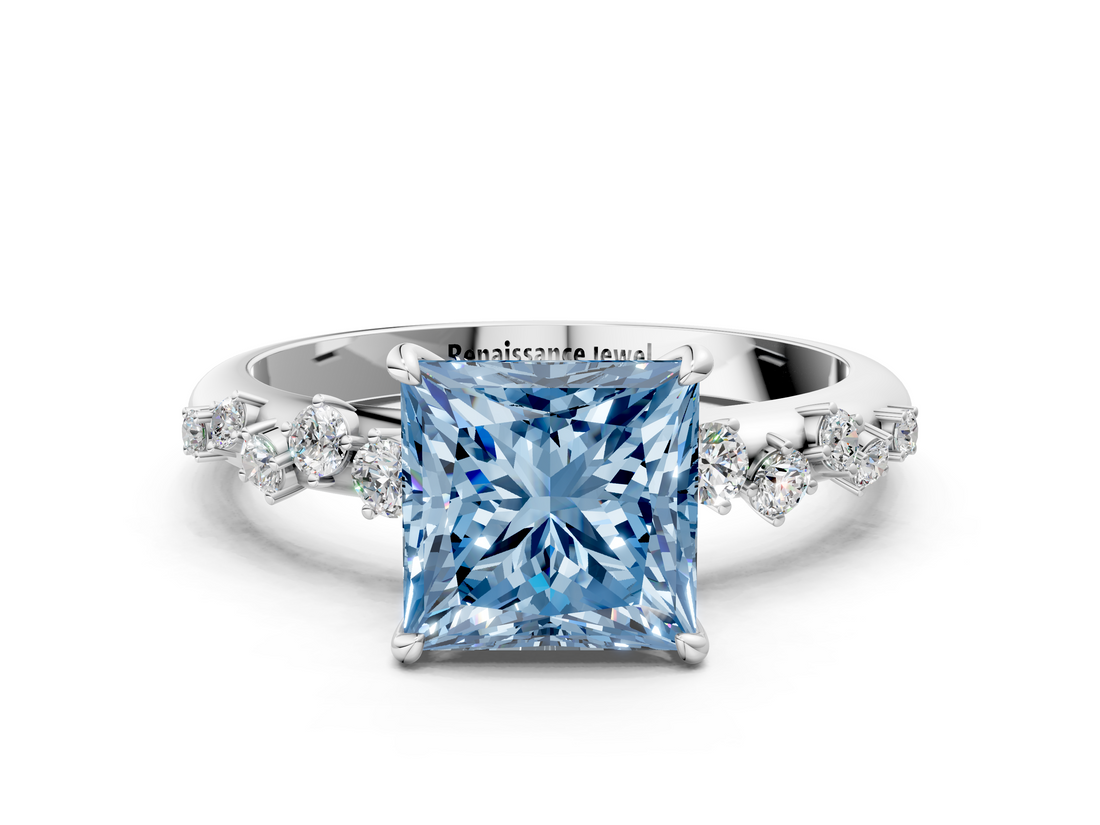 White gold Fancy Blue Princess  Diamond Cluster Prong-Set Solitaire Ring_43