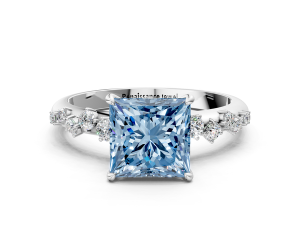 White gold Fancy Blue Princess  Diamond Cluster Prong-Set Solitaire Ring