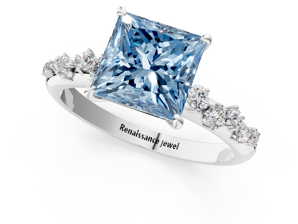 White gold Fancy Blue Princess  Diamond Cluster Prong-Set Solitaire Ring