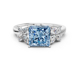 White gold Fancy Blue Princess  Diamond Floral Cluster Ring with Solitaire Band and Prong Setting_42