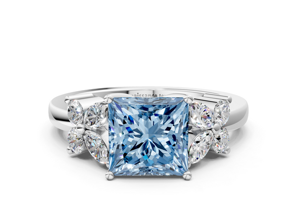 Platinum Fancy Blue Princess  Diamond Floral Cluster Ring with Solitaire Band and Prong Setting