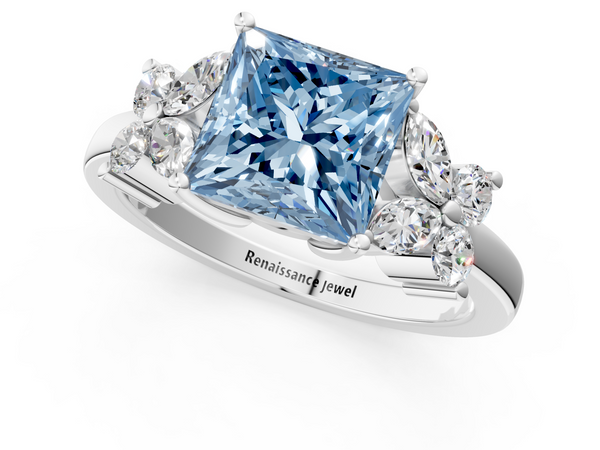 Platinum Fancy Blue Princess  Diamond Floral Cluster Ring with Solitaire Band and Prong Setting