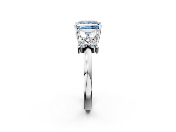 Platinum Fancy Blue Princess  Diamond Floral Cluster Ring with Solitaire Band and Prong Setting