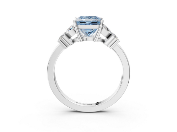 Platinum Fancy Blue Princess  Diamond Floral Cluster Ring with Solitaire Band and Prong Setting