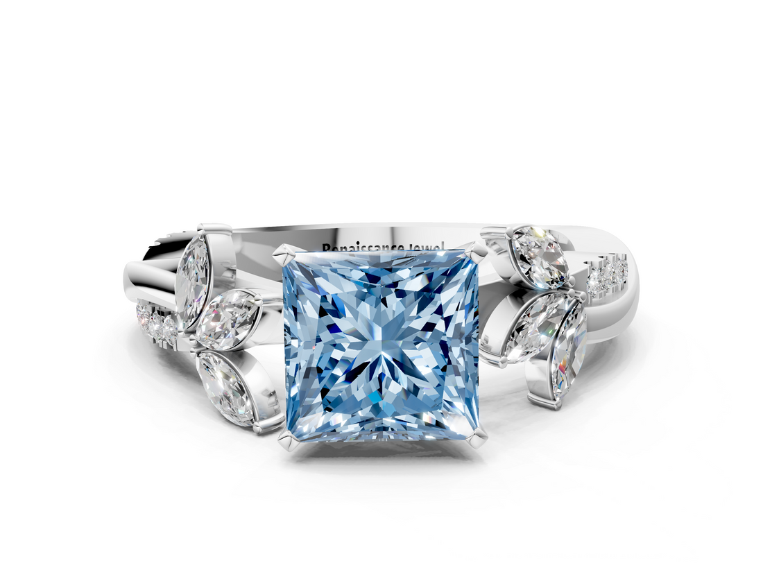 White gold Fancy Blue Princess  Diamond Floral Vine Solitaire Engagement Ring_3