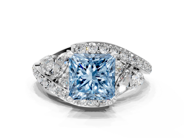 Platinum Fancy Blue Princess  Diamond Halo Ring with Marquise and Pavé Band in Prong Setting