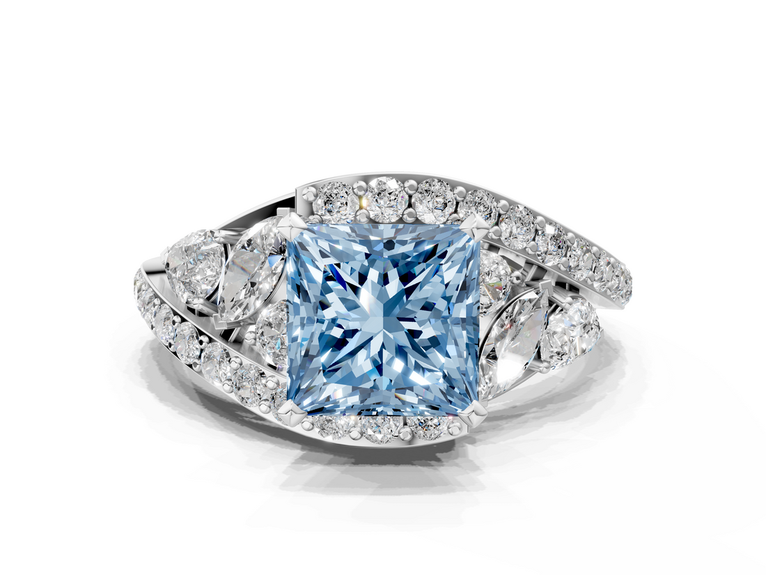 White gold Fancy Blue Princess  Diamond Halo Ring with Marquise and Pavé Band in Prong Setting_86