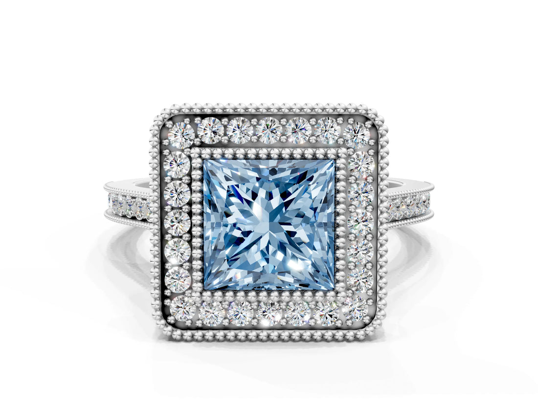 White gold Fancy Blue Princess  Diamond Halo Ring with Milgrain Frame and Pavé Band_61
