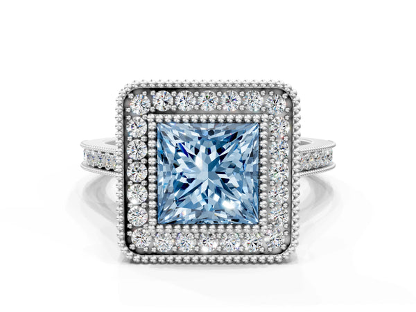 Platinum Fancy Blue Princess  Diamond Halo Ring with Milgrain Frame and Pavé Band