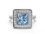 White gold Fancy Blue Princess  Diamond Halo Ring with Milgrain Frame and Pavé Band_61