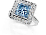 White gold Fancy Blue Princess  Diamond Halo Ring with Milgrain Frame and Pavé Band_61