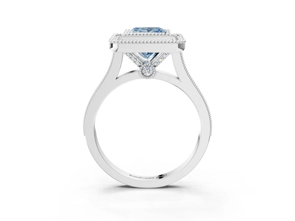 Platinum Fancy Blue Princess  Diamond Halo Ring with Milgrain Frame and Pavé Band