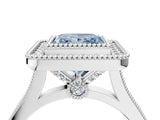 White gold Fancy Blue Princess  Diamond Halo Ring with Milgrain Frame and Pavé Band_65