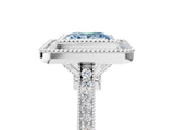 White gold Fancy Blue Princess  Diamond Halo Ring with Milgrain Frame and Pavé Band_66