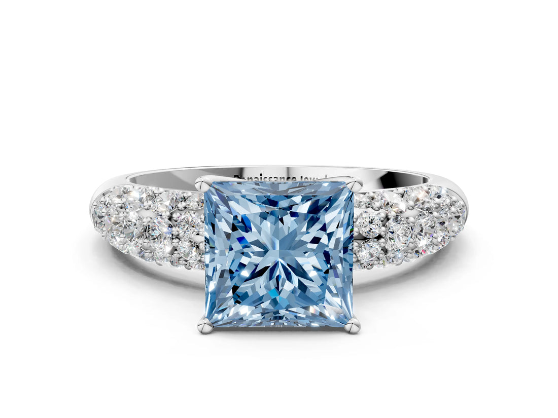 White gold Fancy Blue Princess  Diamond Pavé Band Solitaire Ring with Four-Prong Setting_49