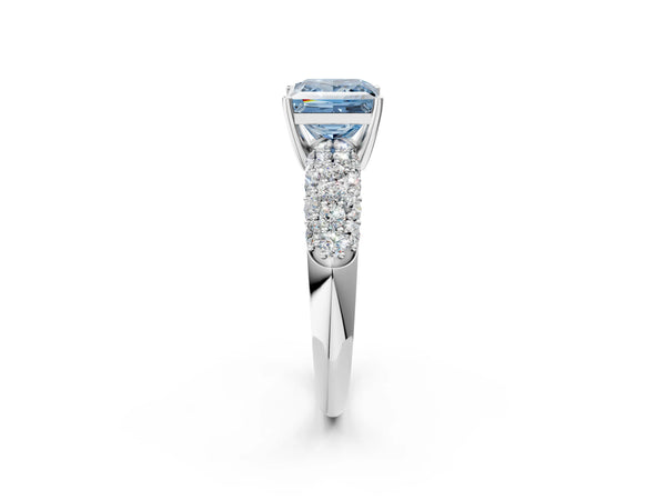 White gold Fancy Blue Princess  Diamond Pavé Band Solitaire Ring with Four-Prong Setting