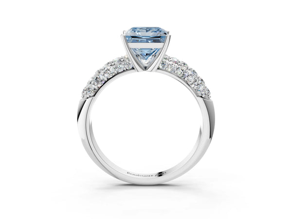 White gold Fancy Blue Princess  Diamond Pavé Band Solitaire Ring with Four-Prong Setting