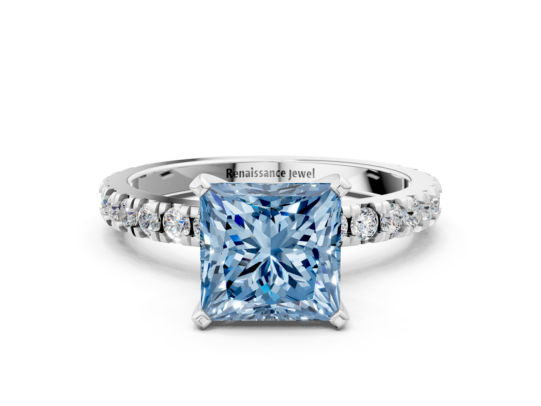 White gold Fancy Blue Princess  Diamond Pavé Band Solitaire with Four-Prong Setting_213