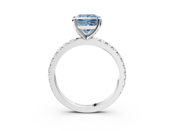 Platinum Fancy Blue Princess  Diamond Pavé Band Solitaire with Four-Prong Setting
