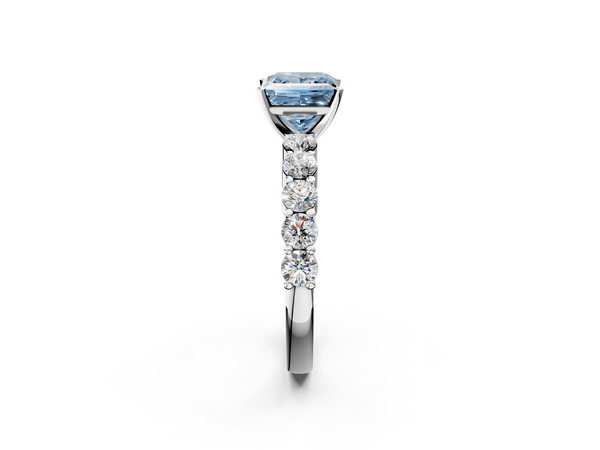 Platinum Fancy Blue Princess  Diamond Solitaire Ring with Shared Prong Round Side Stones