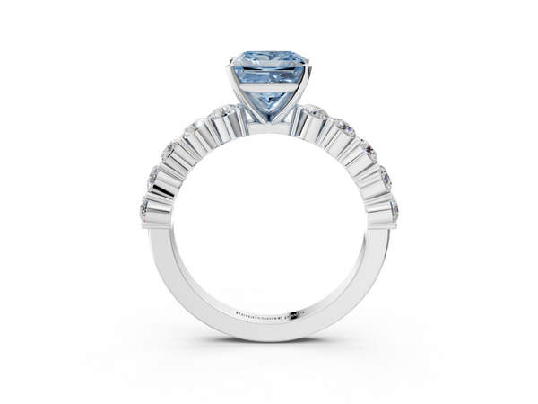 Platinum Fancy Blue Princess  Diamond Solitaire Ring with Shared Prong Round Side Stones