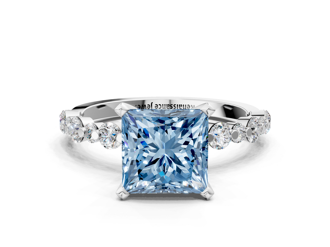 White gold Fancy Blue Princess  Diamond Prong Set Engagement Ring with Pave Band_185