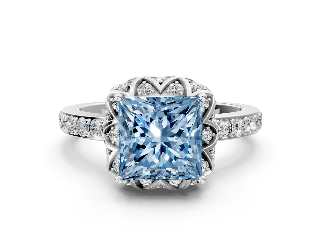 White gold Fancy Blue Princess  Diamond Solitaire Ring with Shared Prong Pavé Band_13