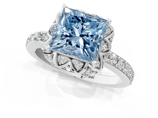 White gold Fancy Blue Princess  Diamond Solitaire Ring with Shared Prong Pavé Band