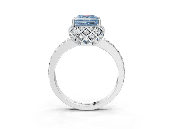 White gold Fancy Blue Princess  Diamond Solitaire Ring with Shared Prong Pavé Band