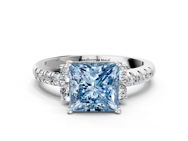 White gold Fancy Blue Princess  Diamond Three-Stone Pave Band with Four-Prong Setting